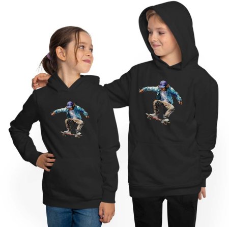 Skater Hoodie Kids Hooded Sweater - Jumping Skateboarder in Oil Paints i552